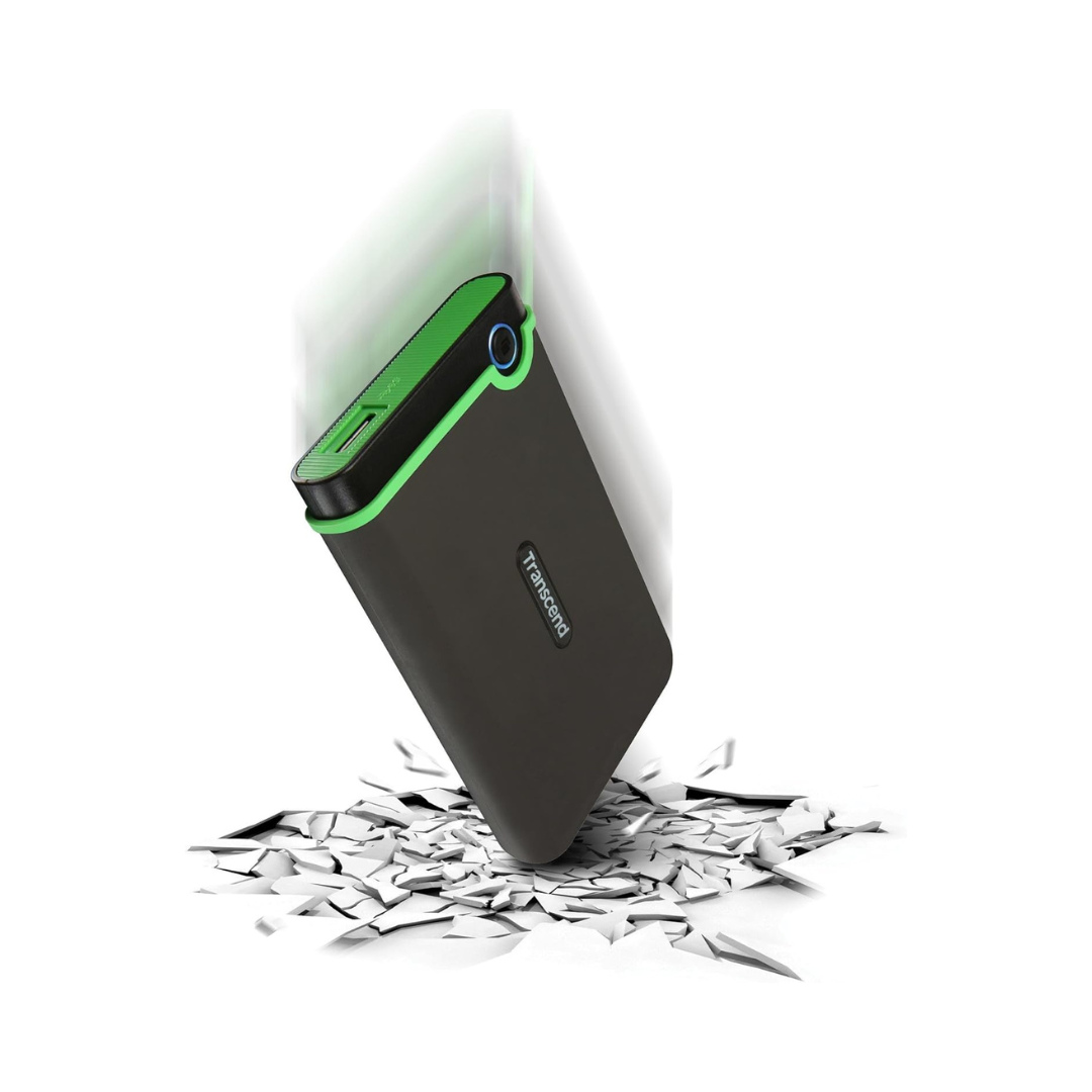 Black portable hard drive with green accent on a white background